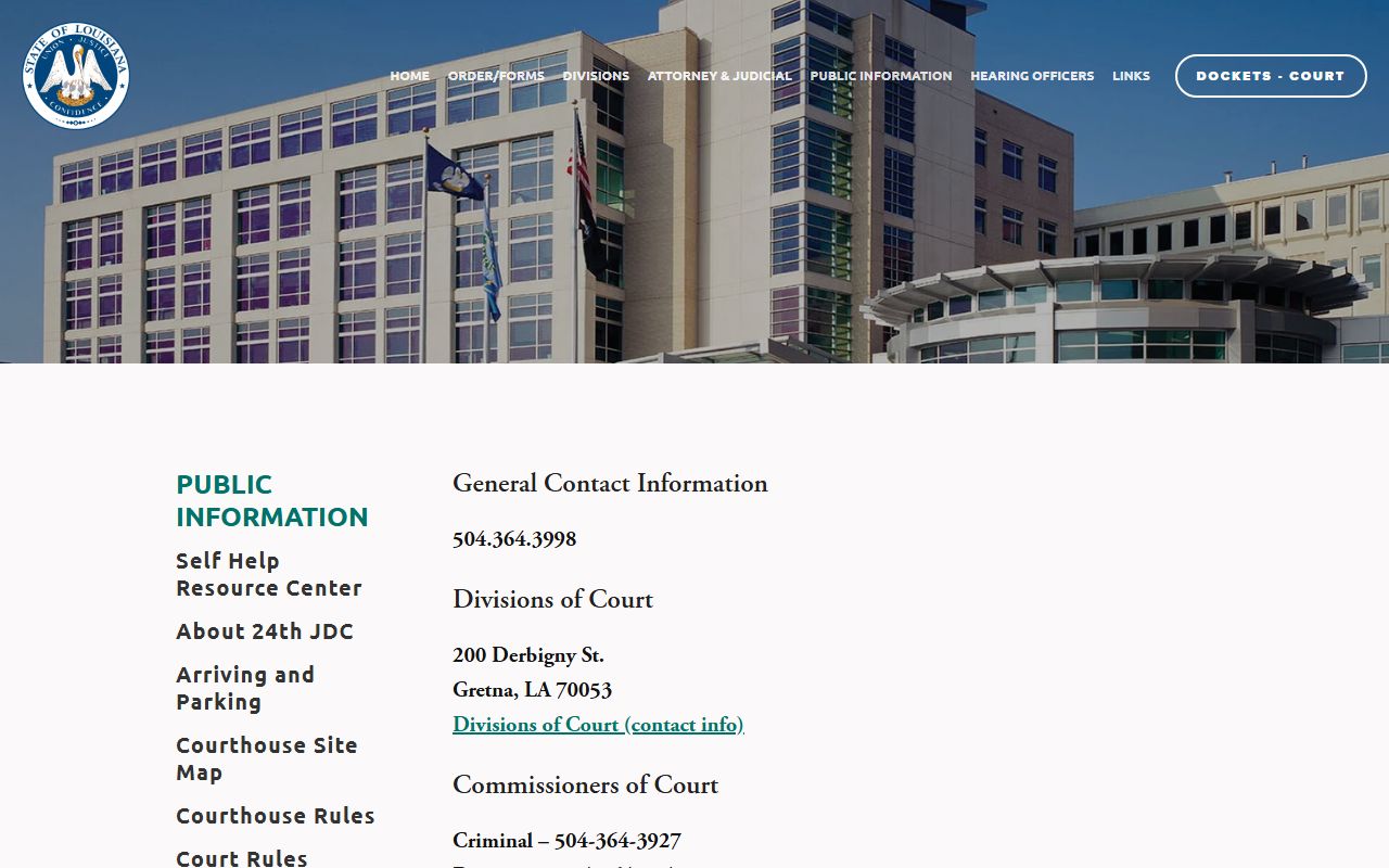 24th JDC contact information page for Jefferson Parish court records