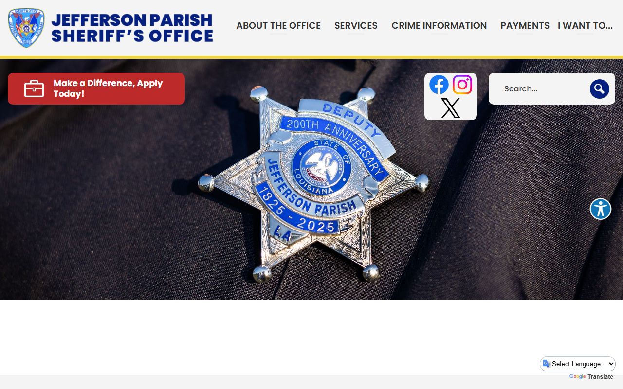 Jefferson Parish Sheriff's Office home page for inmate and arrest records