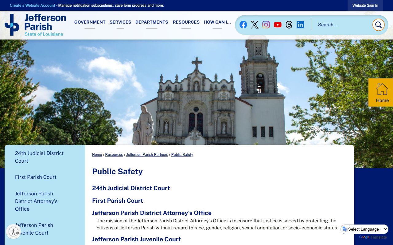 Jefferson Parish public safety page linking to court records offices