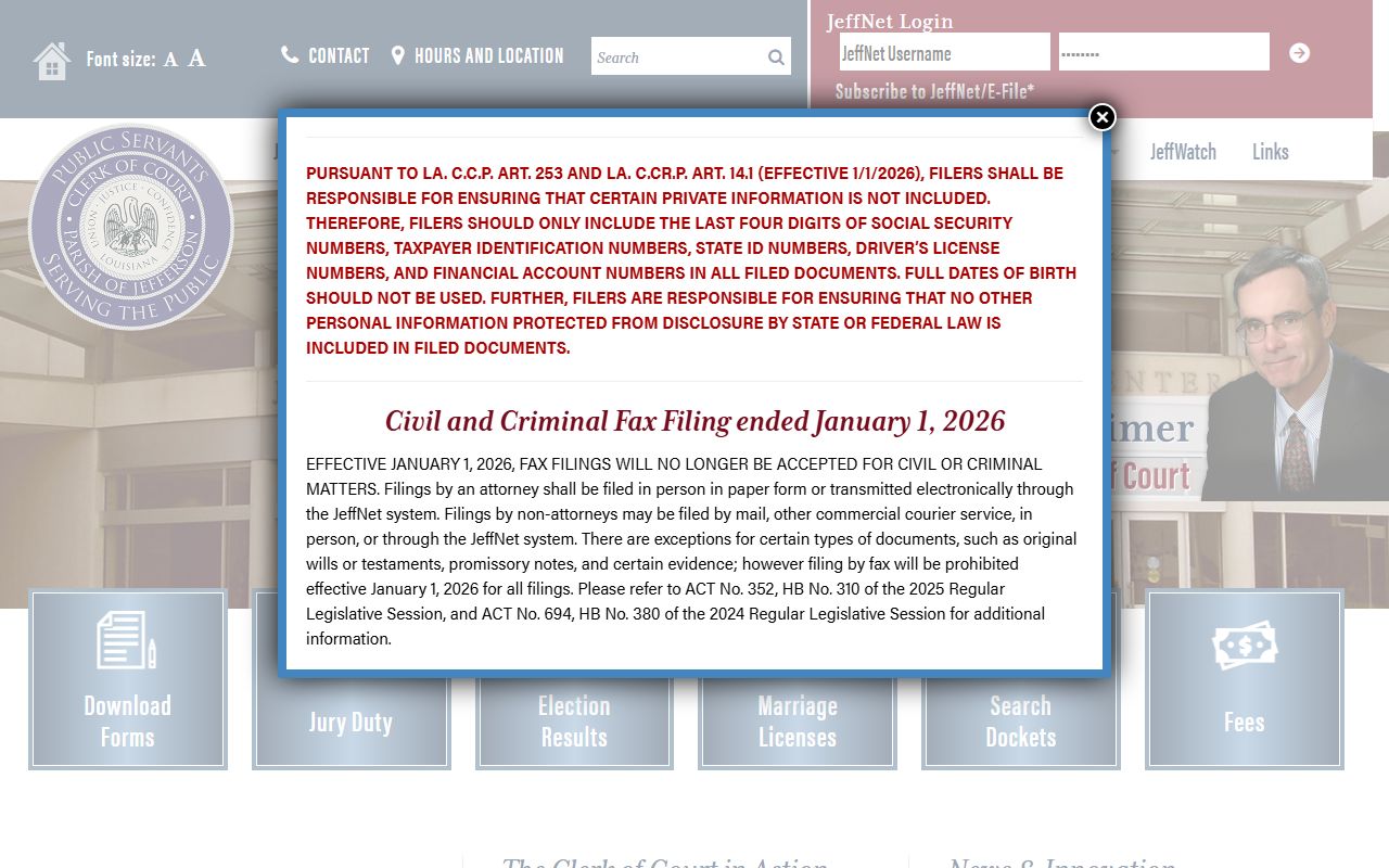Jefferson Parish Clerk of Court home page for court records