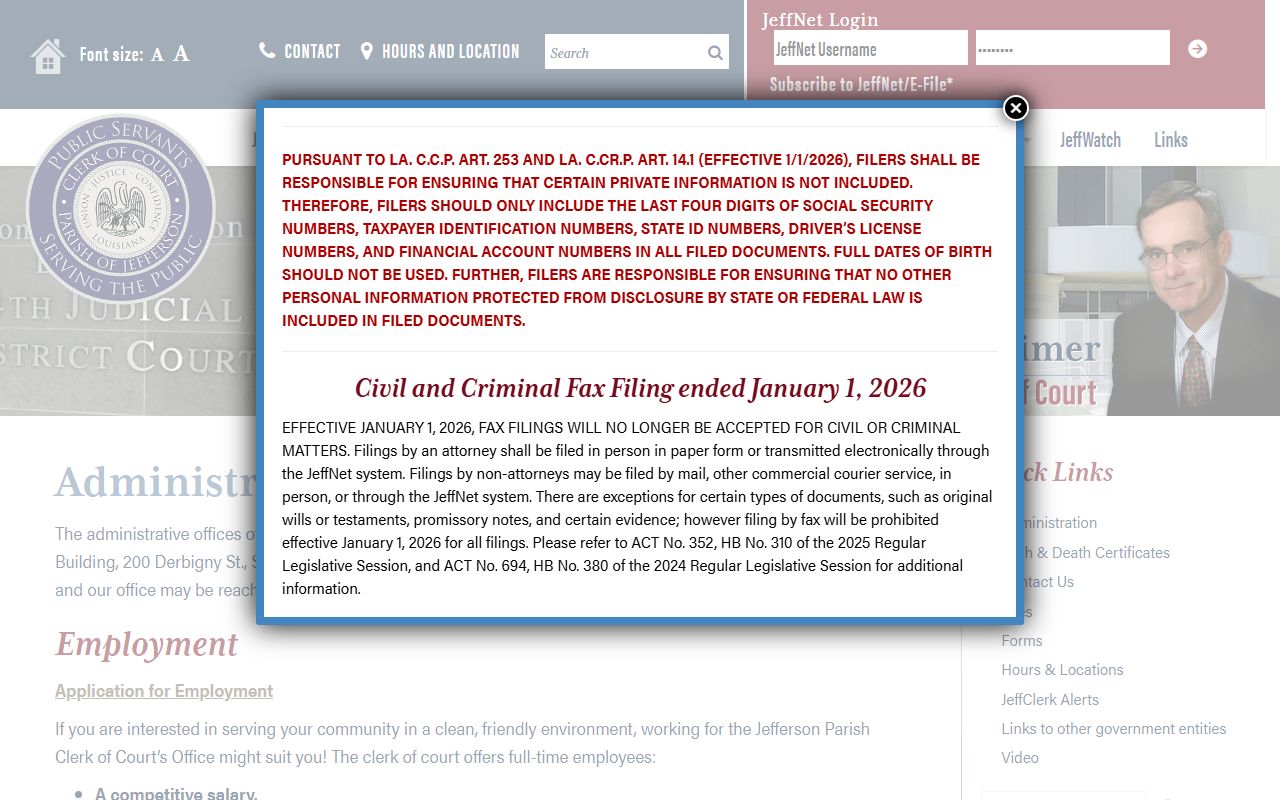 Jefferson Parish Clerk of Court administration page