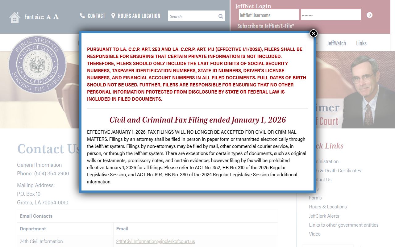 Jefferson Parish Clerk of Court contact directory