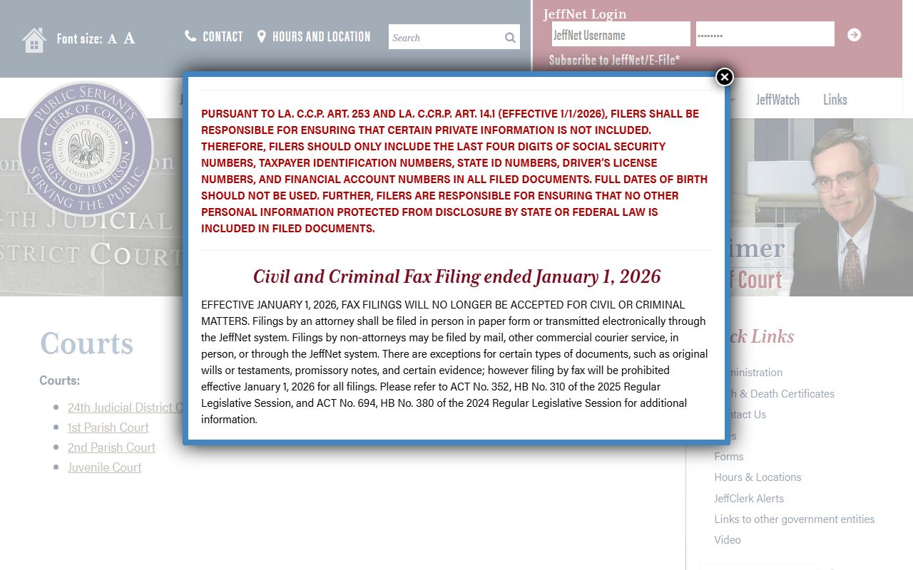 Jefferson Parish Clerk of Court courts page