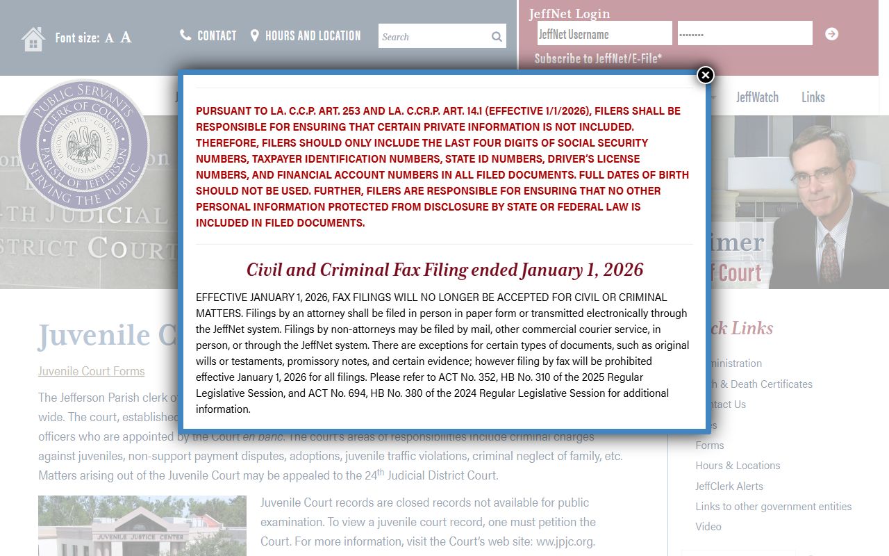 Jefferson Parish Juvenile Court Clerk page
