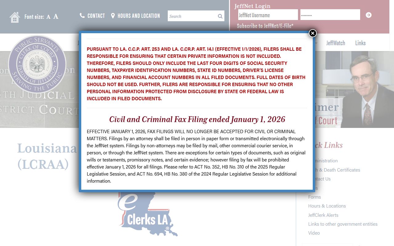 Jefferson Parish Clerk of Court LCRAA information page