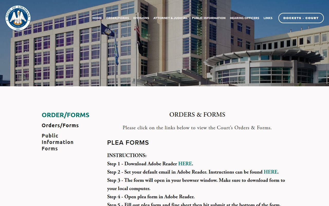 24th JDC orders and forms page for Jefferson Parish court records