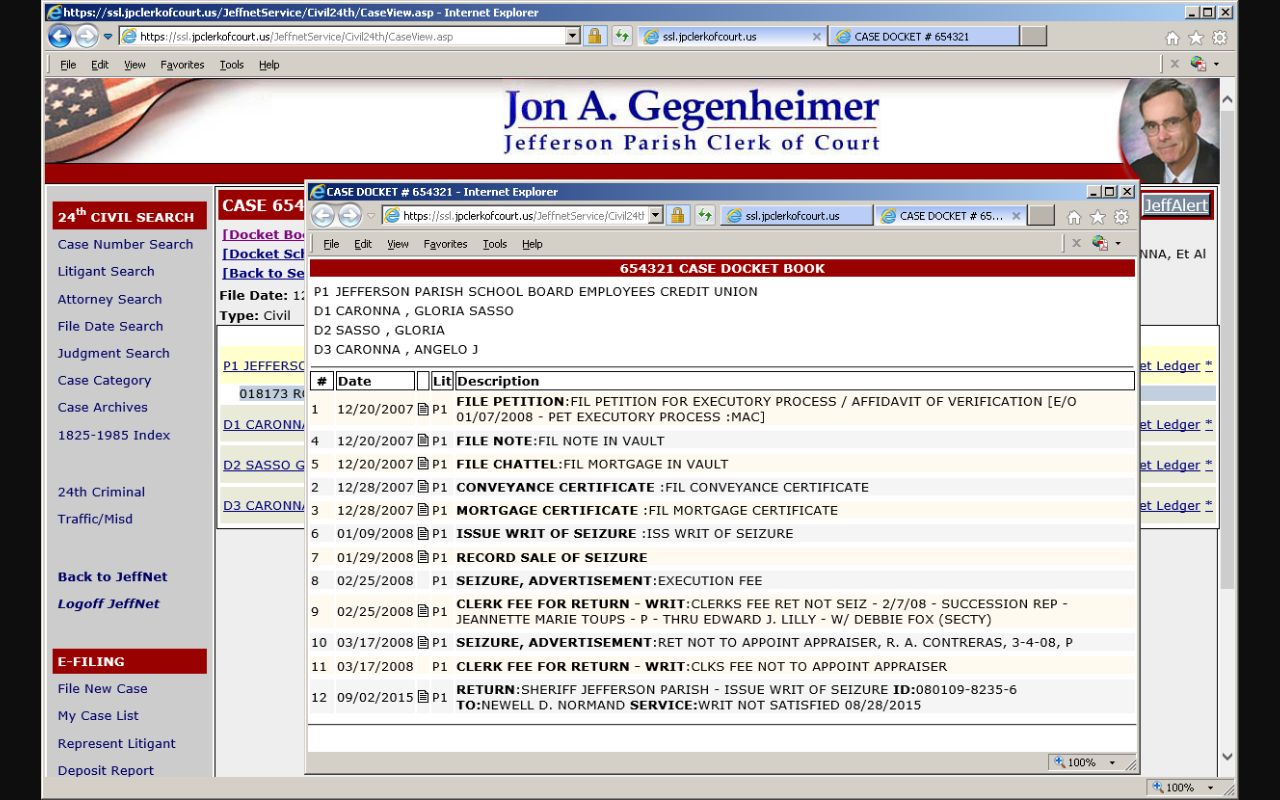 JeffNet civil docket sample for Jefferson Parish court records