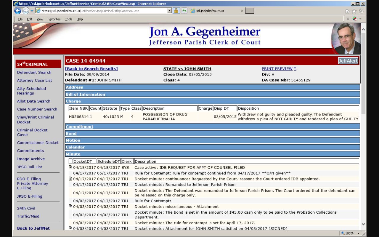 JeffNet criminal case screen for Jefferson Parish court records