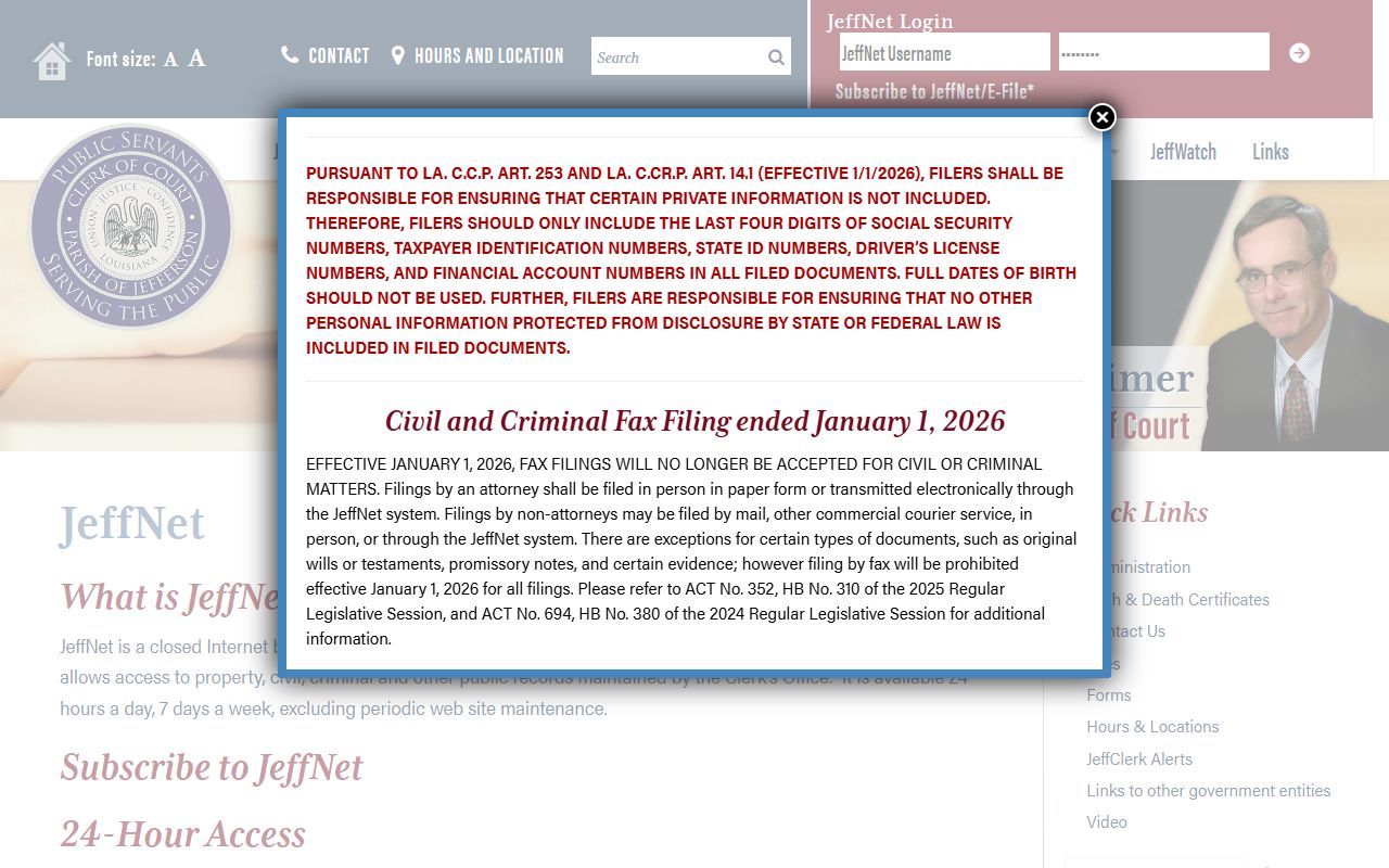 JeffNet record access page for Jefferson Parish court records