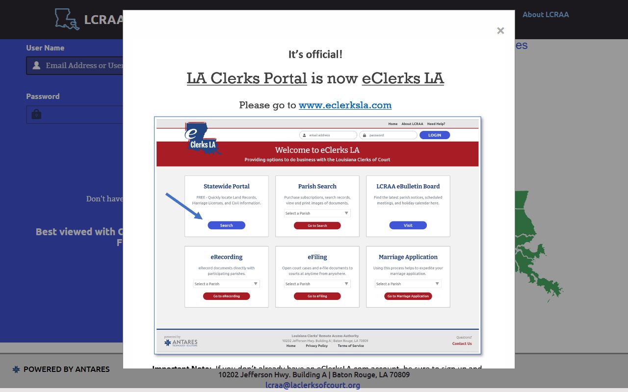 LCRAA statewide index portal for Louisiana court records