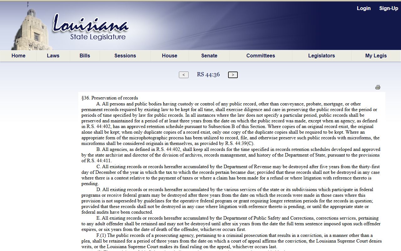 Louisiana R.S. 44:36 records preservation law for Jefferson Parish criminal records