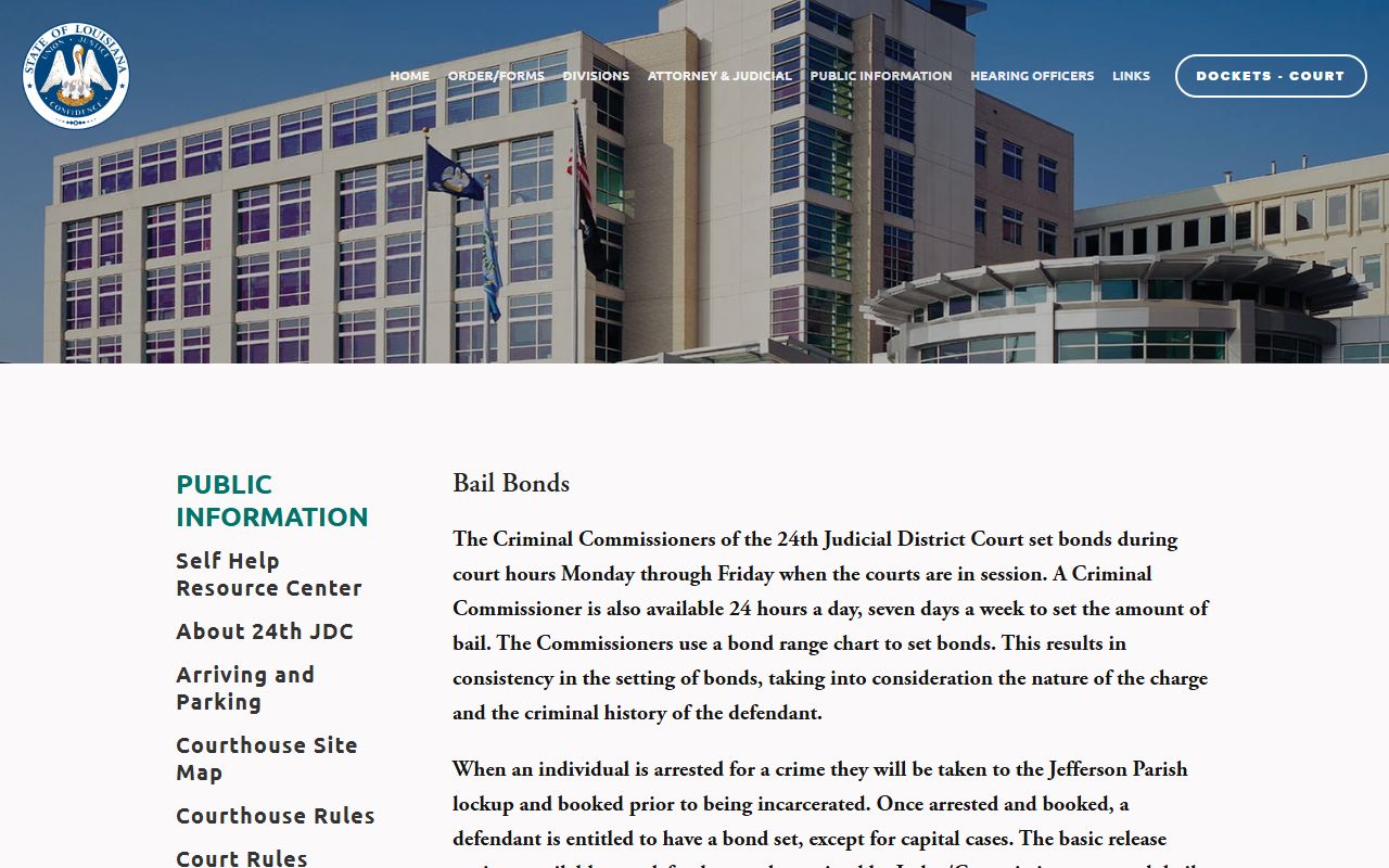 24th JDC bail bonds page for Jefferson Parish District Court