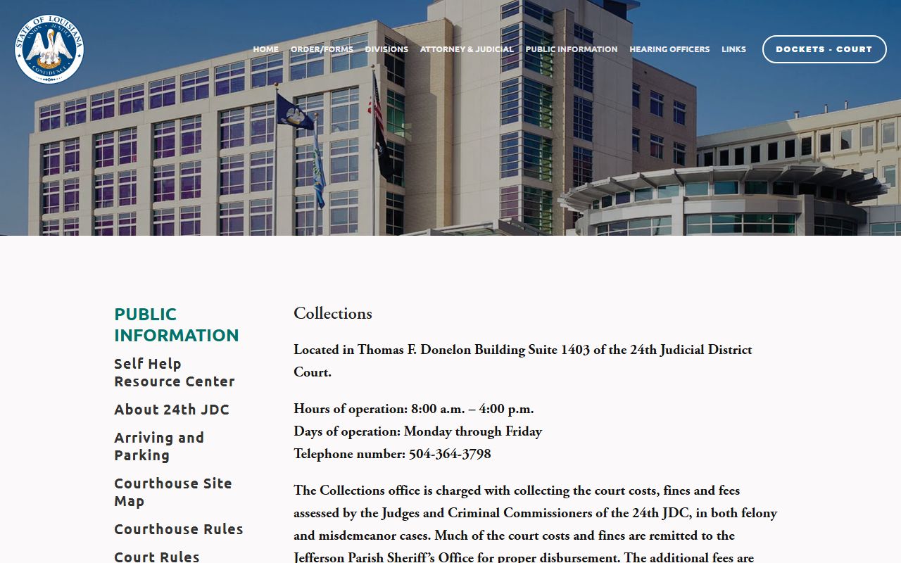 24th JDC Collections Office page for Jefferson Parish District Court