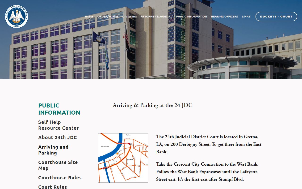24th JDC arriving and parking page for Jefferson Parish District Court