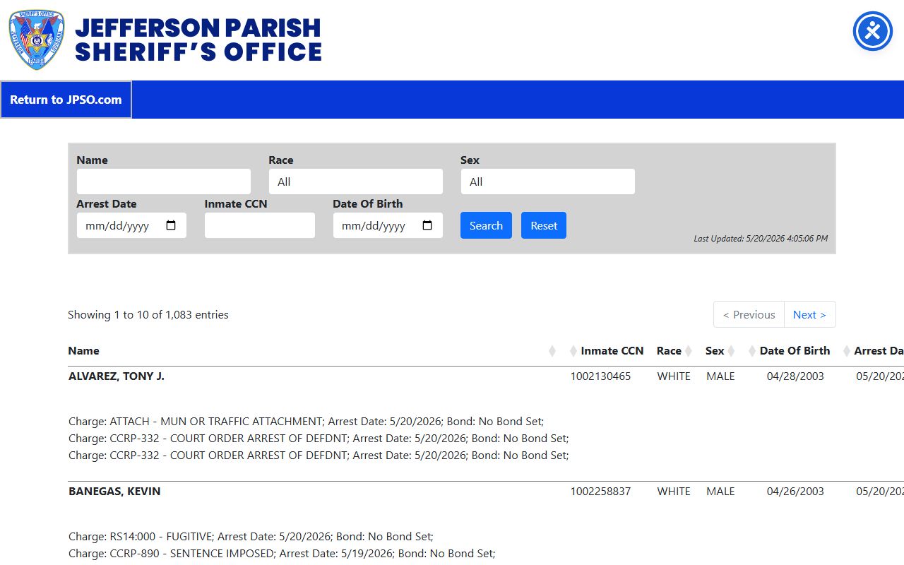 JPSO inmate search app for Jefferson Parish inmate records
