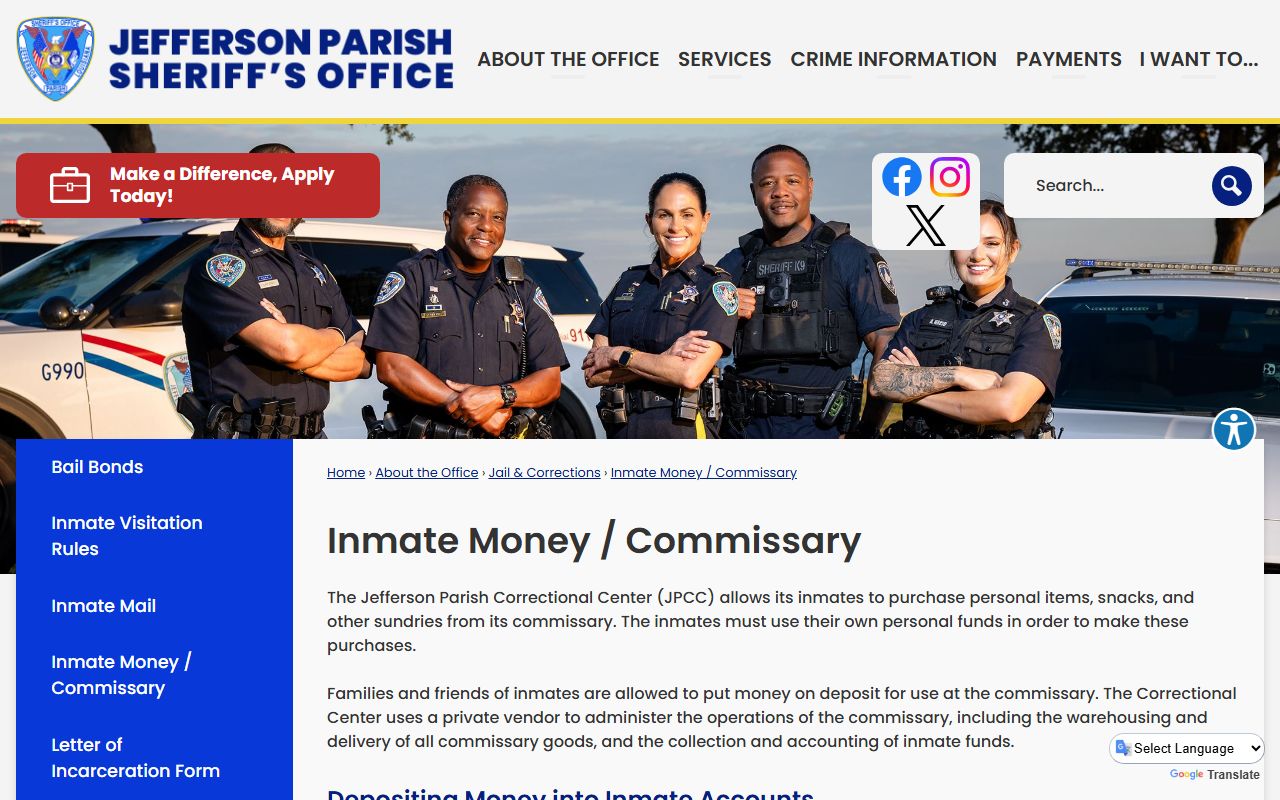 JPSO commissary and money deposit page for Jefferson Parish inmate records