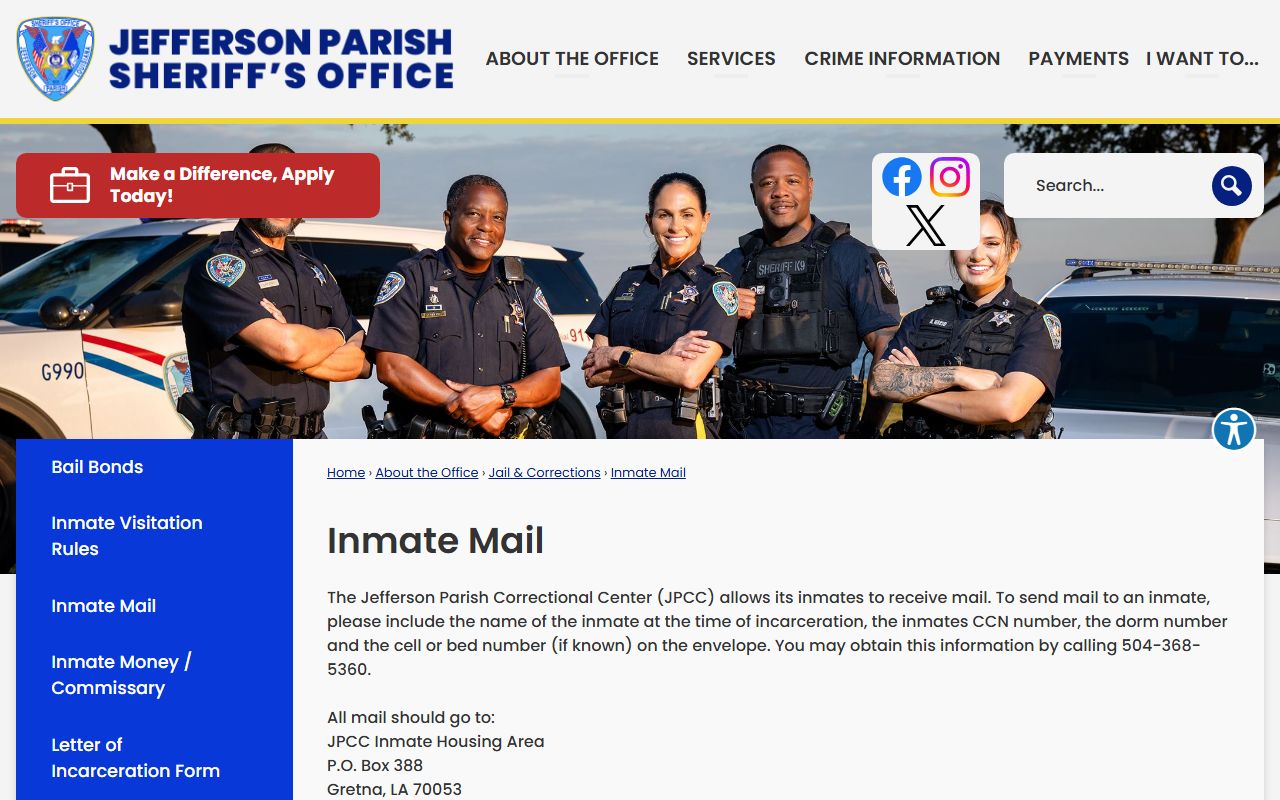 JPSO inmate mail rules for Jefferson Parish inmate records