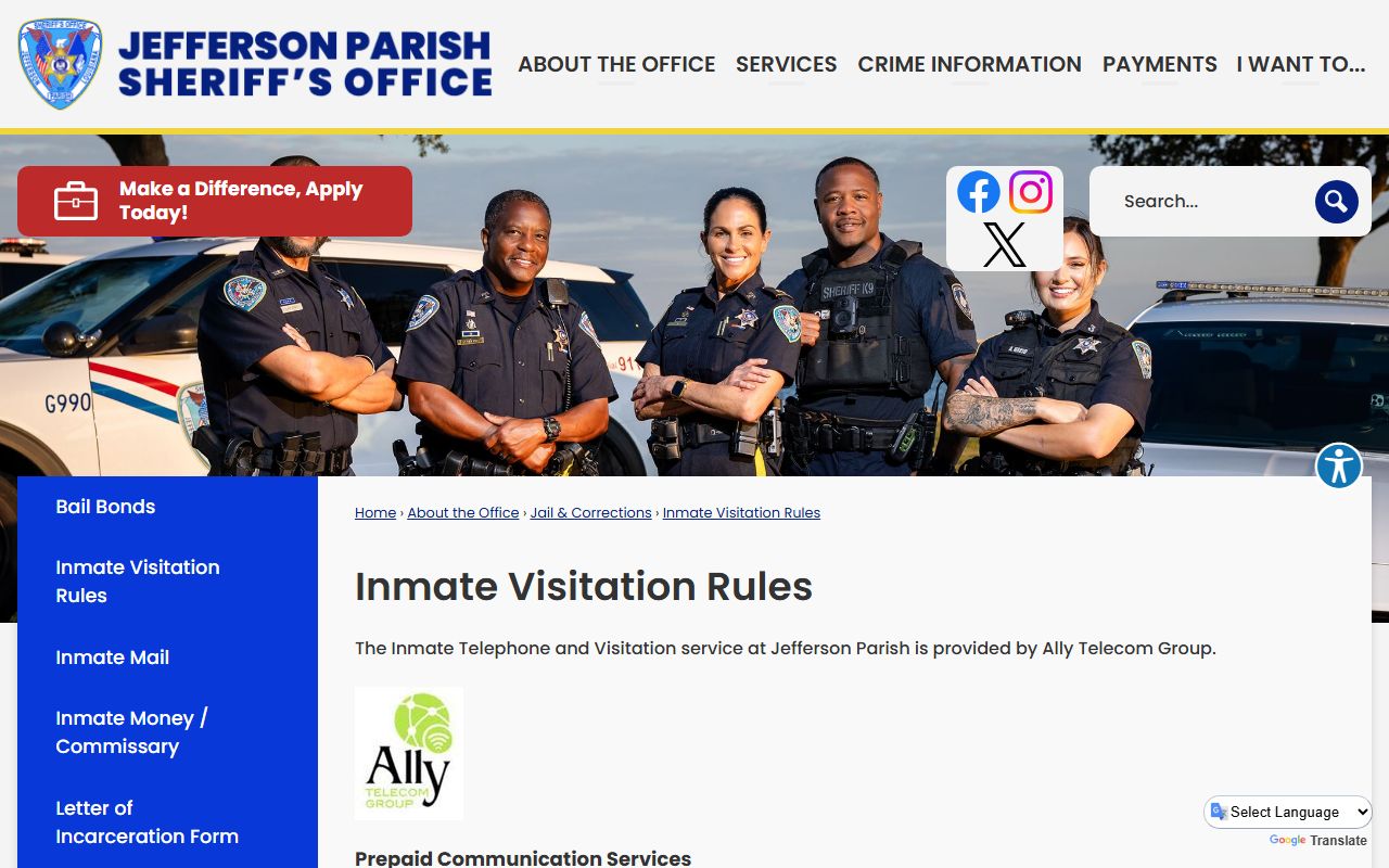 JPSO visitation rules for Jefferson Parish inmate records