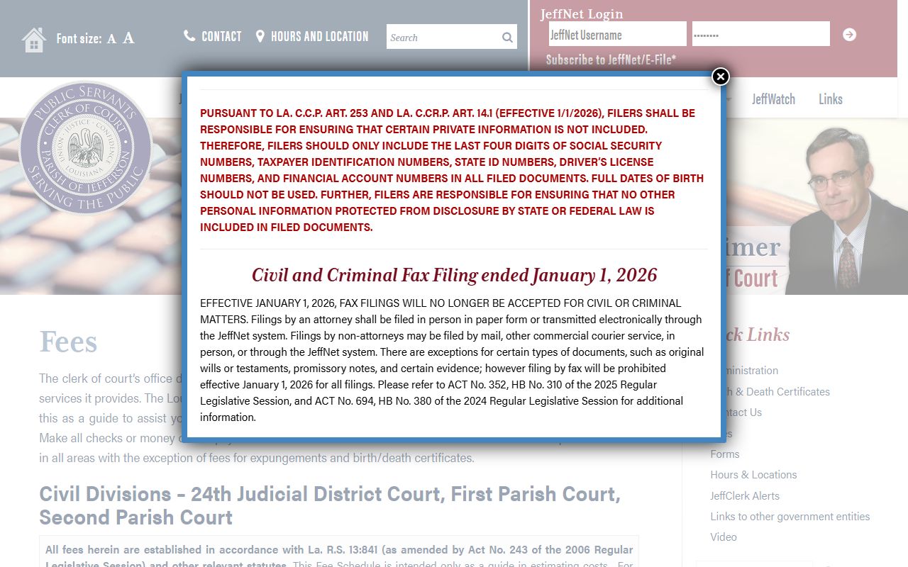 Jefferson Parish Clerk fee schedule for marriage and divorce records