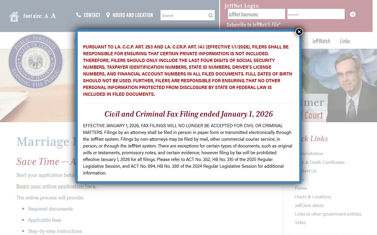 Jefferson Parish marriage license requirements page