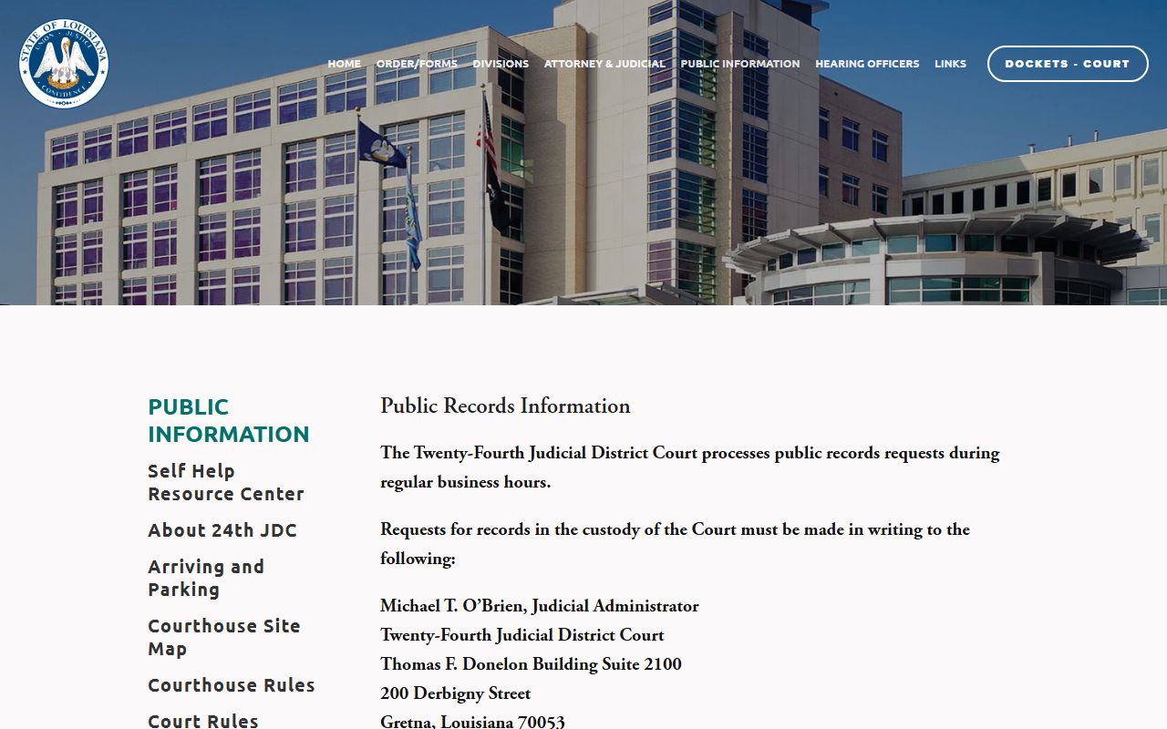 24th JDC public records request page for Jefferson Parish