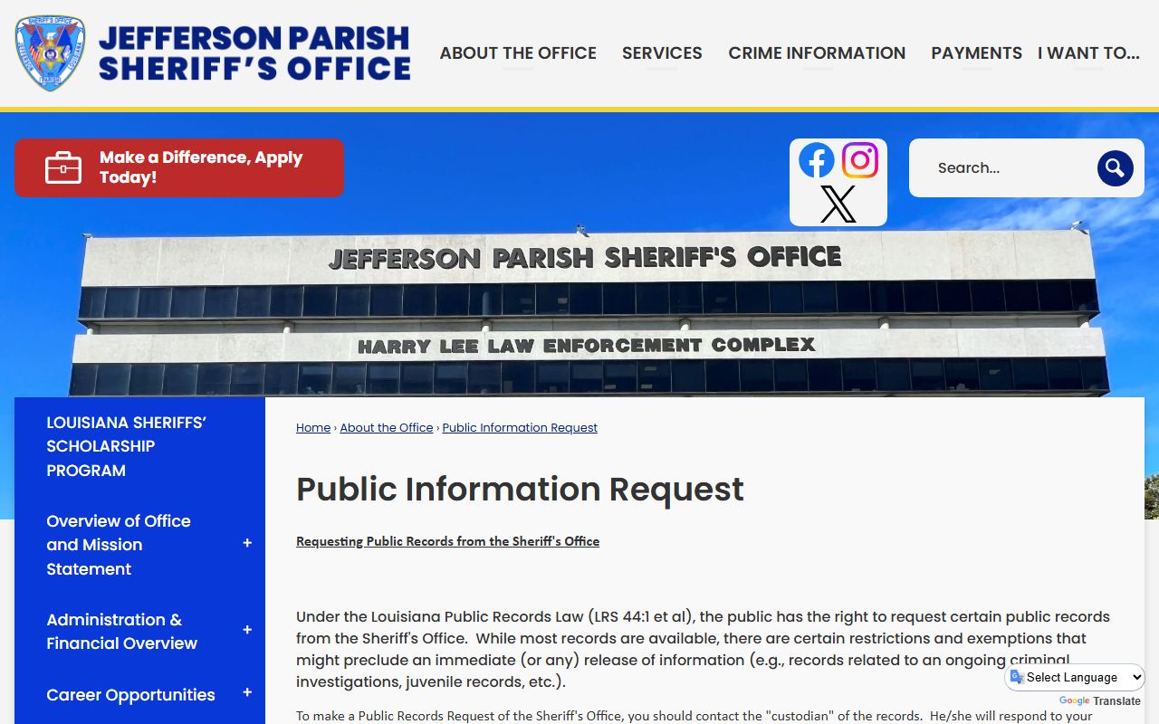 JPSO public information request page for Jefferson Parish records