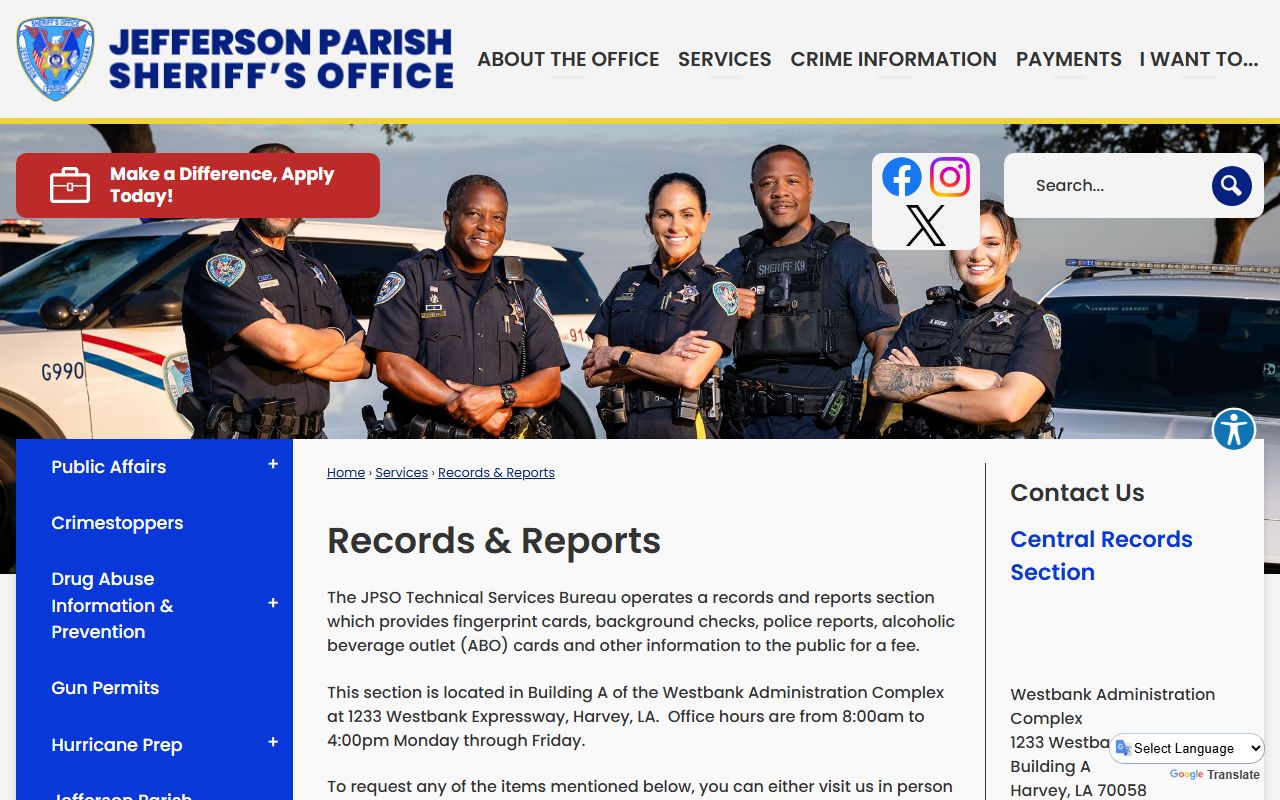 JPSO records and reports fee page for Jefferson Parish public records