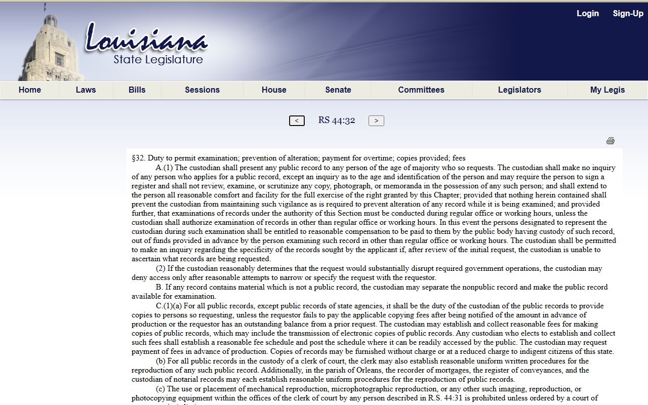 Louisiana R.S. 44:32 custodian duties for Jefferson Parish public records