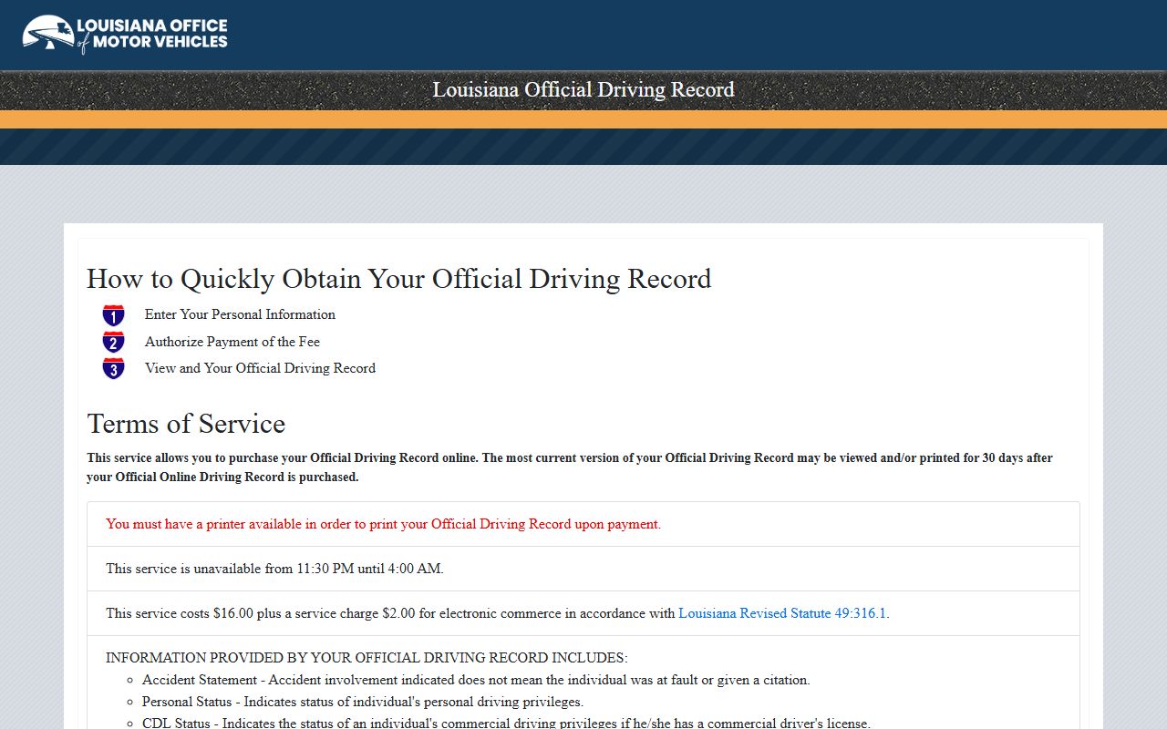Louisiana official driving record portal for Jefferson Parish traffic records
